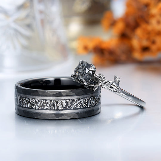Unique Black Rutilated Quartz Leaf Streak Engagement Couple Rings Matching Promise His And Hers Wedding Band -  Esdomera.com
