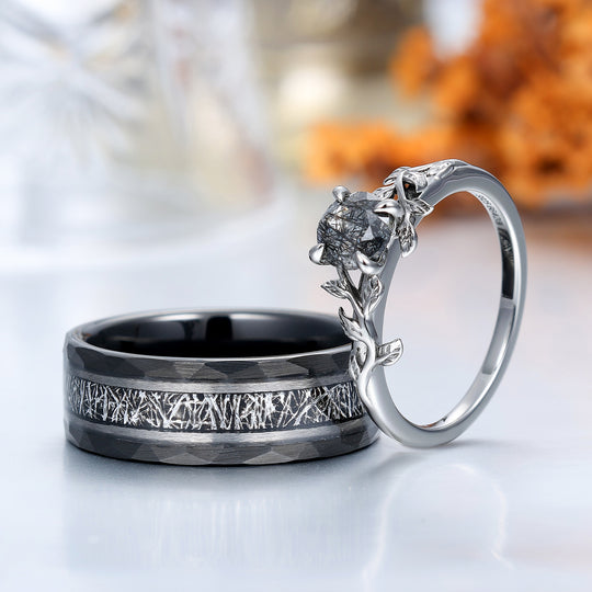 Unique Black Rutilated Quartz Leaf Streak Engagement Couple Rings Matching Promise His And Hers Wedding Band -  Esdomera.com