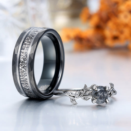 Unique Black Rutilated Quartz Leaf Streak Engagement Couple Rings Matching Promise His And Hers Wedding Band -  Esdomera.com