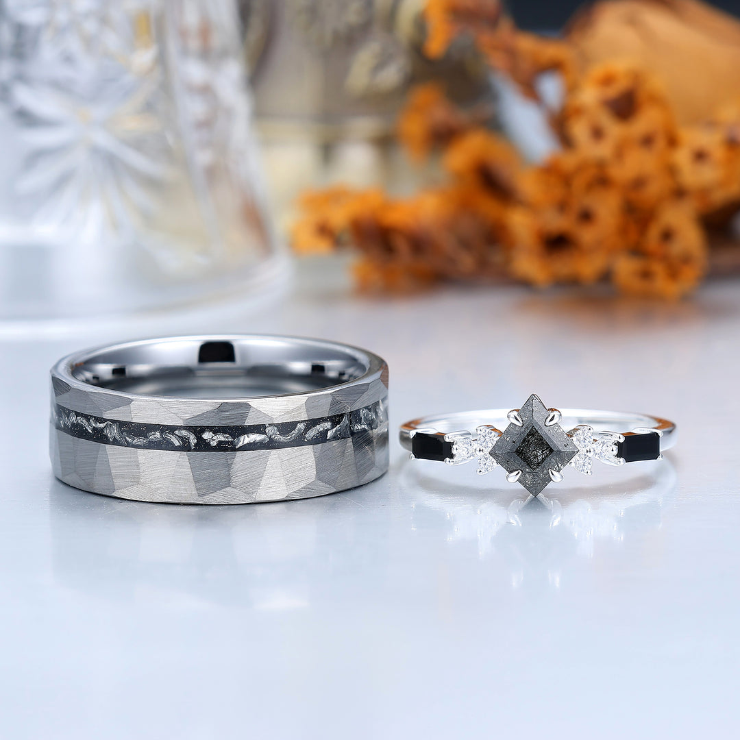 Artsy Black Rutilated Quartz Promise Rings For Couples Meteorite Tungsten Matching Ring