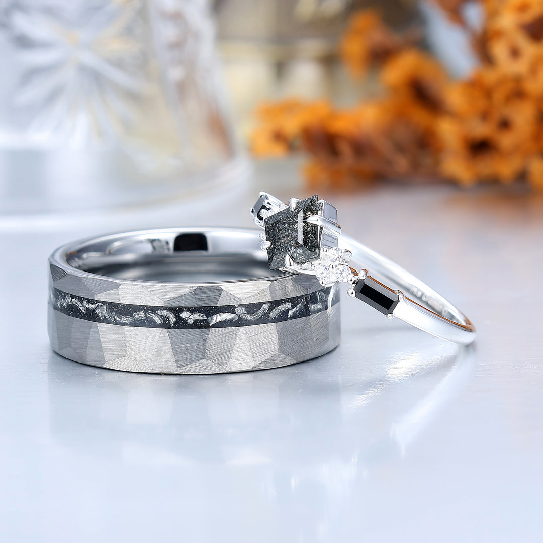 Artsy Black Rutilated Quartz Promise Rings For Couples Meteorite Tungsten Matching Ring