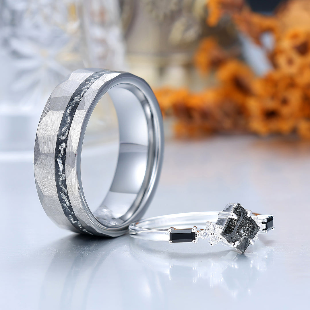 Artsy Black Rutilated Quartz Promise Rings For Couples Meteorite Tungsten Matching Ring