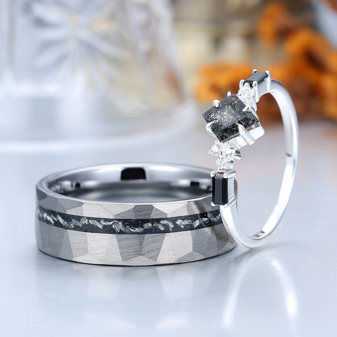 Artsy Black Rutilated Quartz Promise Rings For Couples Meteorite Tungsten Matching Ring