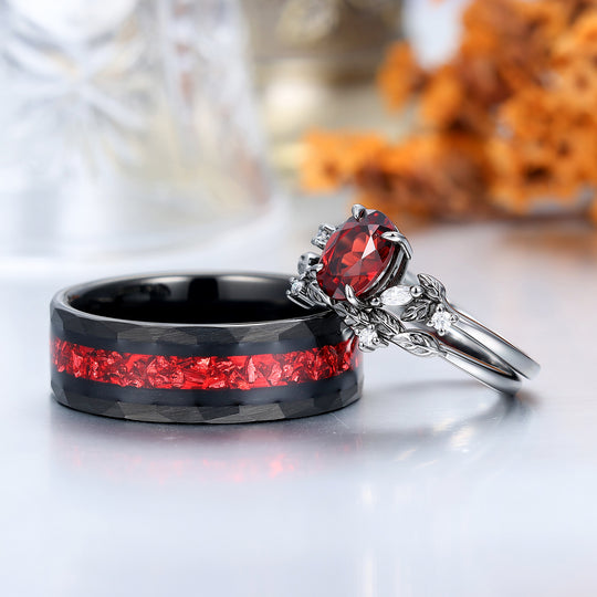 Eleganti anelli di fidanzamento per coppie con accenti a foglia in granato rosso fedi in tungsteno martellato con rubino