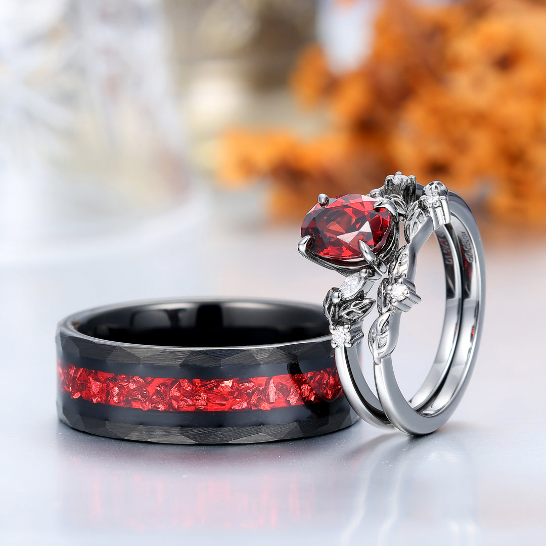 Eleganti anelli di fidanzamento per coppie con accenti a foglia in granato rosso fedi in tungsteno martellato con rubino