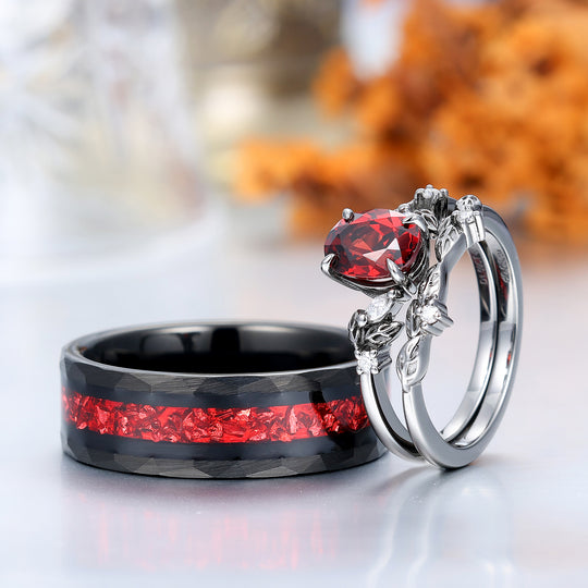 Eleganti anelli di fidanzamento per coppie con accenti a foglia in granato rosso fedi in tungsteno martellato con rubino