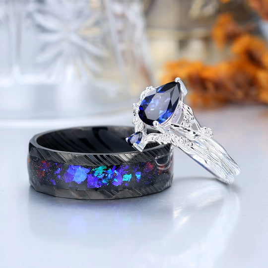 Leaf-inspired Pear Cut Sapphire His And Hers Rings Dainty Blue Gemstone Rings For Couple