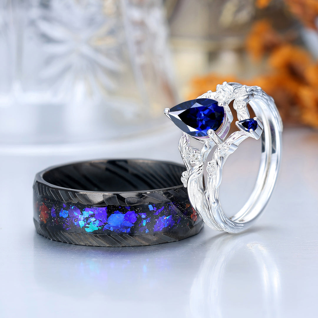 Leaf-inspired Pear Cut Sapphire His And Hers Rings Dainty Blue Gemstone Rings For Couple