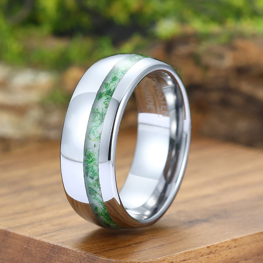 Unisex Moss Agate White Gold Polish Tungsten Eco-Friendly Moss Agate Gold Silver Black Men Women Promise Wedding Ring