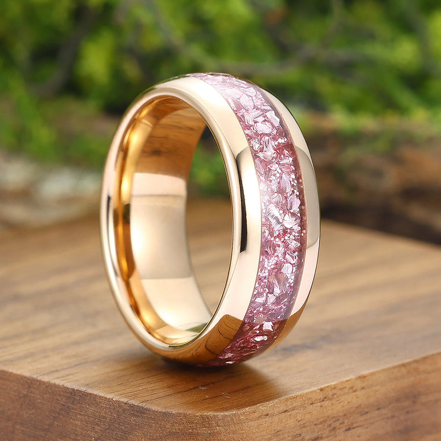 Pink Sapphire Tungsten Wedding Band Rose Gold Polished Dome Promise Mens Ring Wide Band Unisex Ring