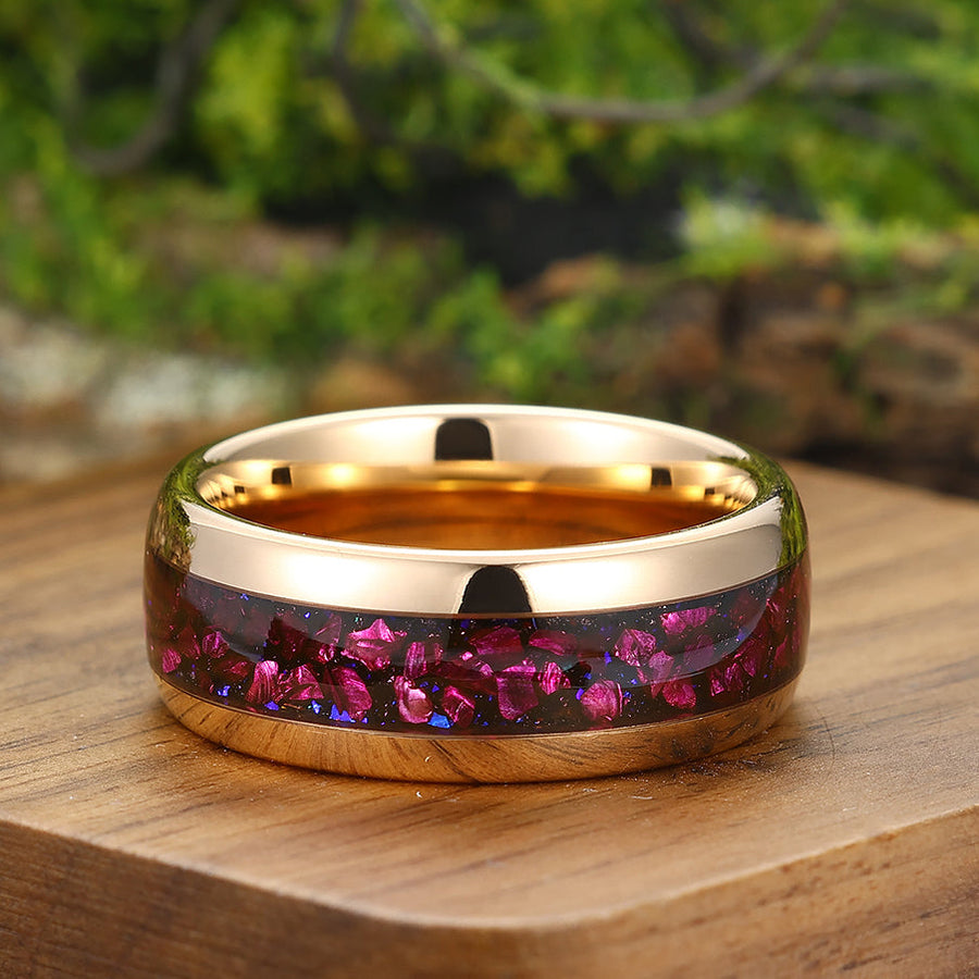 Amethyst Galaxy Sandstone Men's Wedding Band Crab Nebula Rose Gold Tungsten Unisex Outer Space Ring