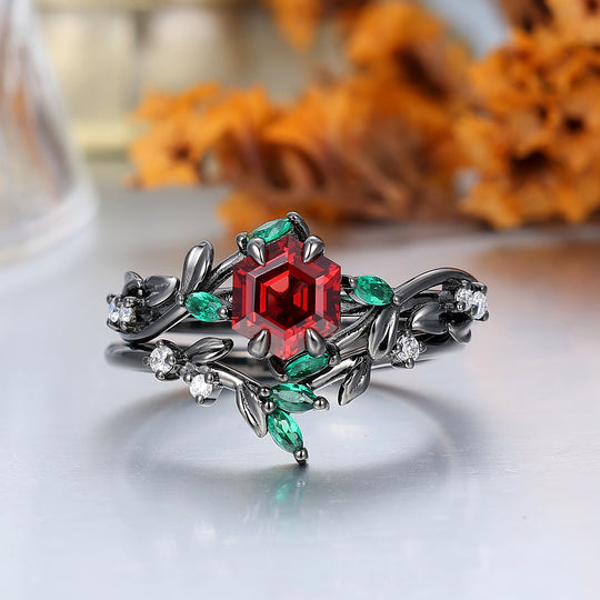 Exquisite Leaf & Vine Hexagon S925 Red Garnet Ring with Mixed Green & White Gem Accents Ring Set  Bridal Ring Set