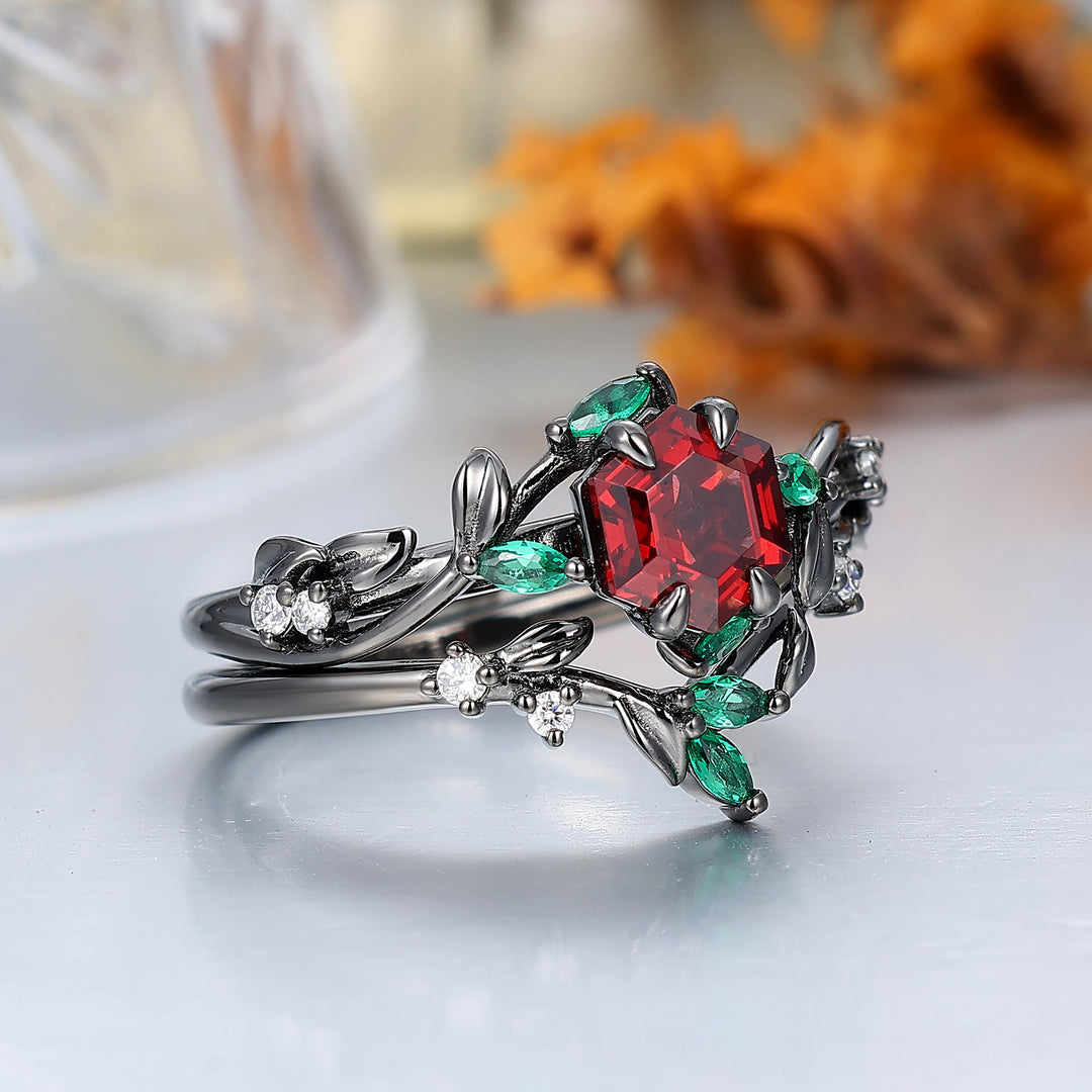 Exquisite Leaf & Vine Hexagon S925 Red Garnet Ring with Mixed Green & White Gem Accents Ring Set  Bridal Ring Set