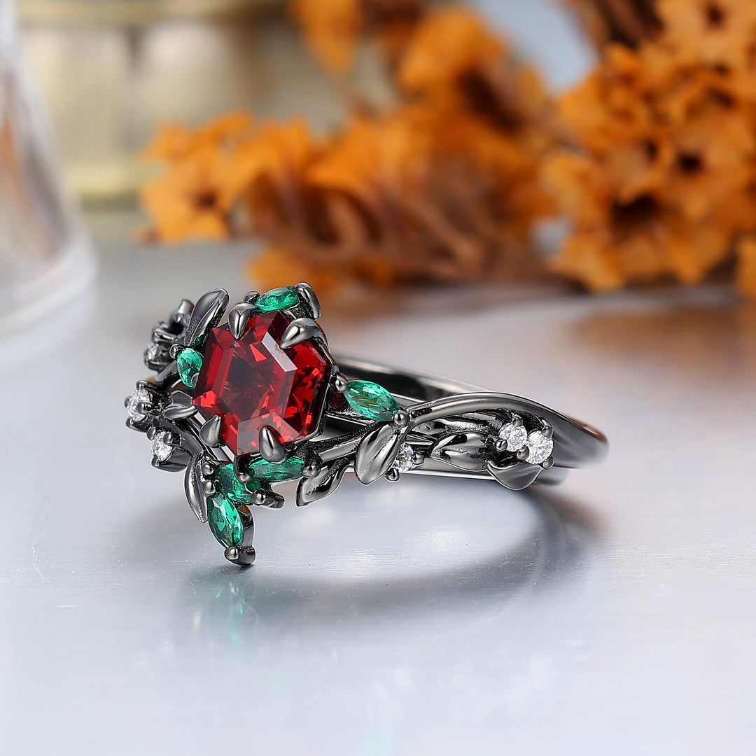 Exquisite Leaf & Vine Hexagon S925 Red Garnet Ring with Mixed Green & White Gem Accents Ring Set  Bridal Ring Set