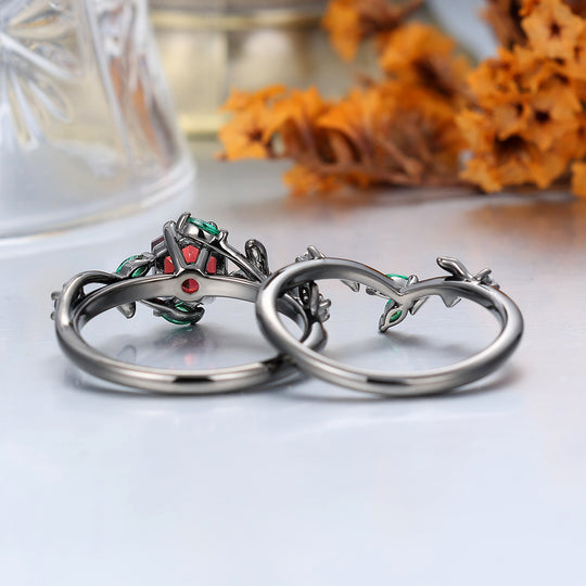 Exquisite Leaf & Vine Hexagon S925 Red Garnet Ring with Mixed Green & White Gem Accents Ring Set  Bridal Ring Set