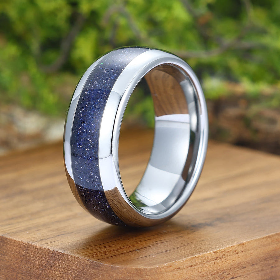 Stunning Blue Gold Sandstone Nebula Tungsten Wedding Band 8mm Polished Dome Ring Men’s Anniversary Ring