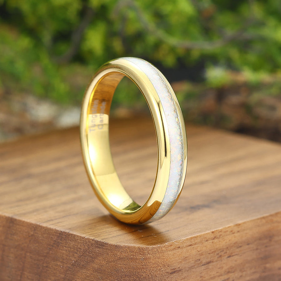 Crushed Pink White Opal Gold Tungsten Mens Wedding Band 4mm Polished Dome Comfort Fit Unique Ring