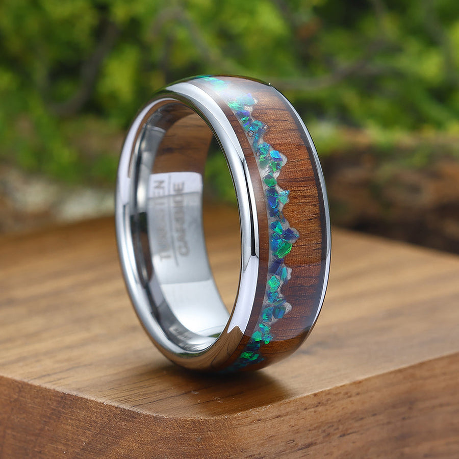 Blue Green Opal Inlay Wood Tungsten Wedding Band Silver Plated Polished Ring For Birthday Gift