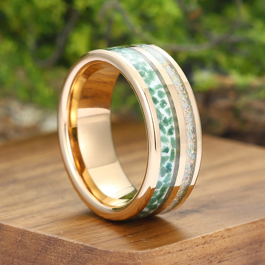 Australian Opal-Moss Agate Inlay Ring 8mm Rose Gold Tungsten Steel Men's Ring Anniversary Gift