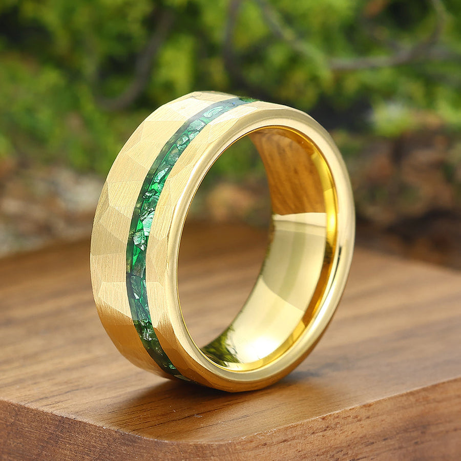 Crushed Green Emerald Promise Ring 8mm Gold Hammered Tungsten Mens Wedding Ring Promise Tungsten Carbide Ring