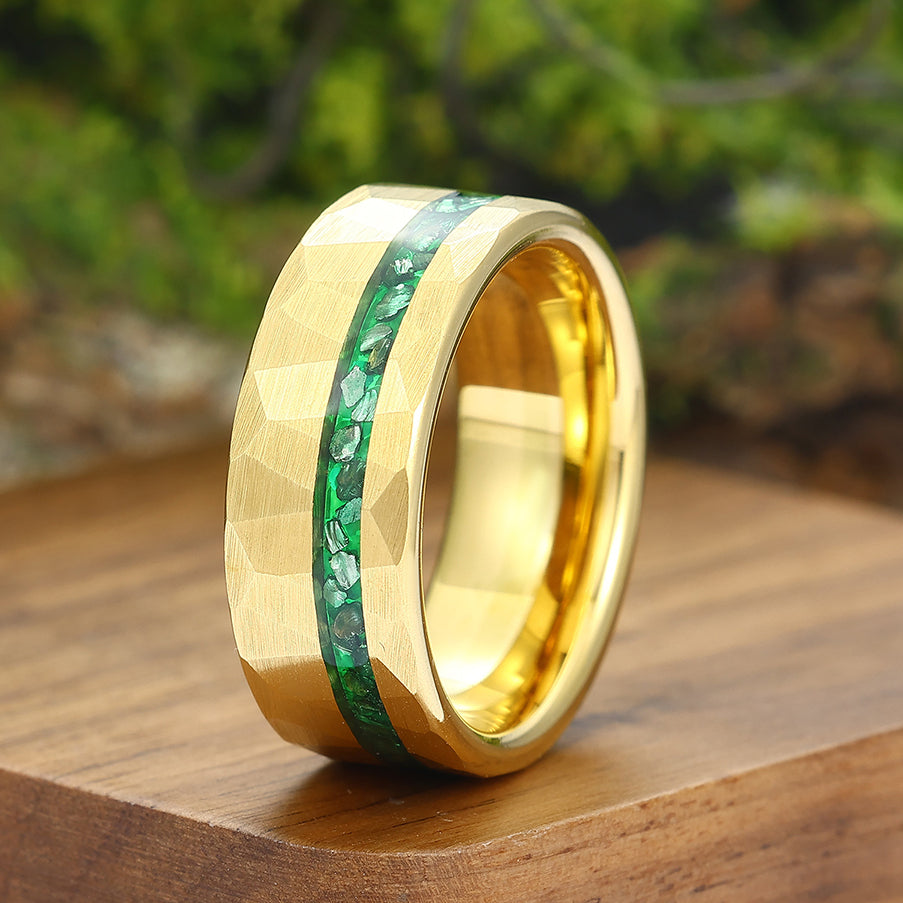 Crushed Green Emerald Promise Ring 8mm Gold Hammered Tungsten Mens Wedding Ring Promise Tungsten Carbide Ring -  Esdomera.com