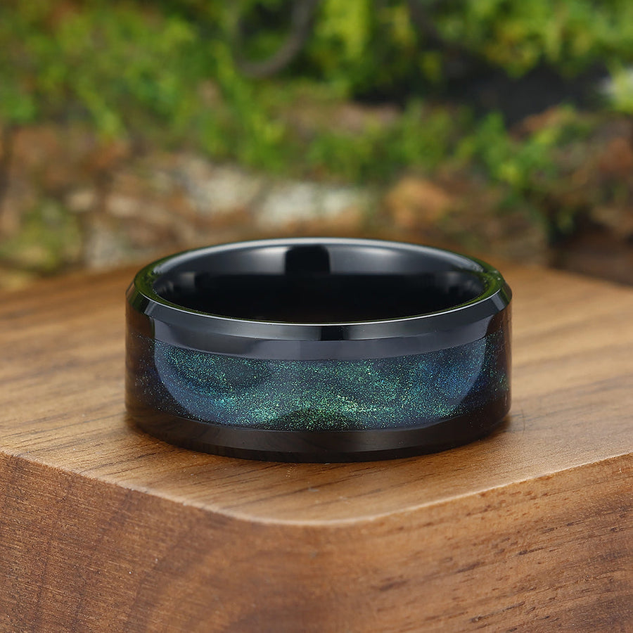 Blue Green Glitter Universe Galaxy Quicksand Black Men's Tungsten Ring Anniversary Gift