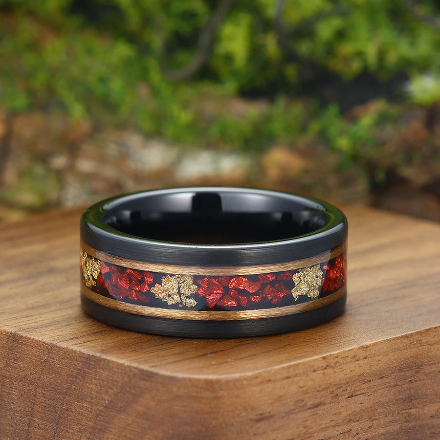 Ruby Gold Foil Tungsten Wedding Ring 8mm Black and Rose Gold Men’ s Unisex Ring
