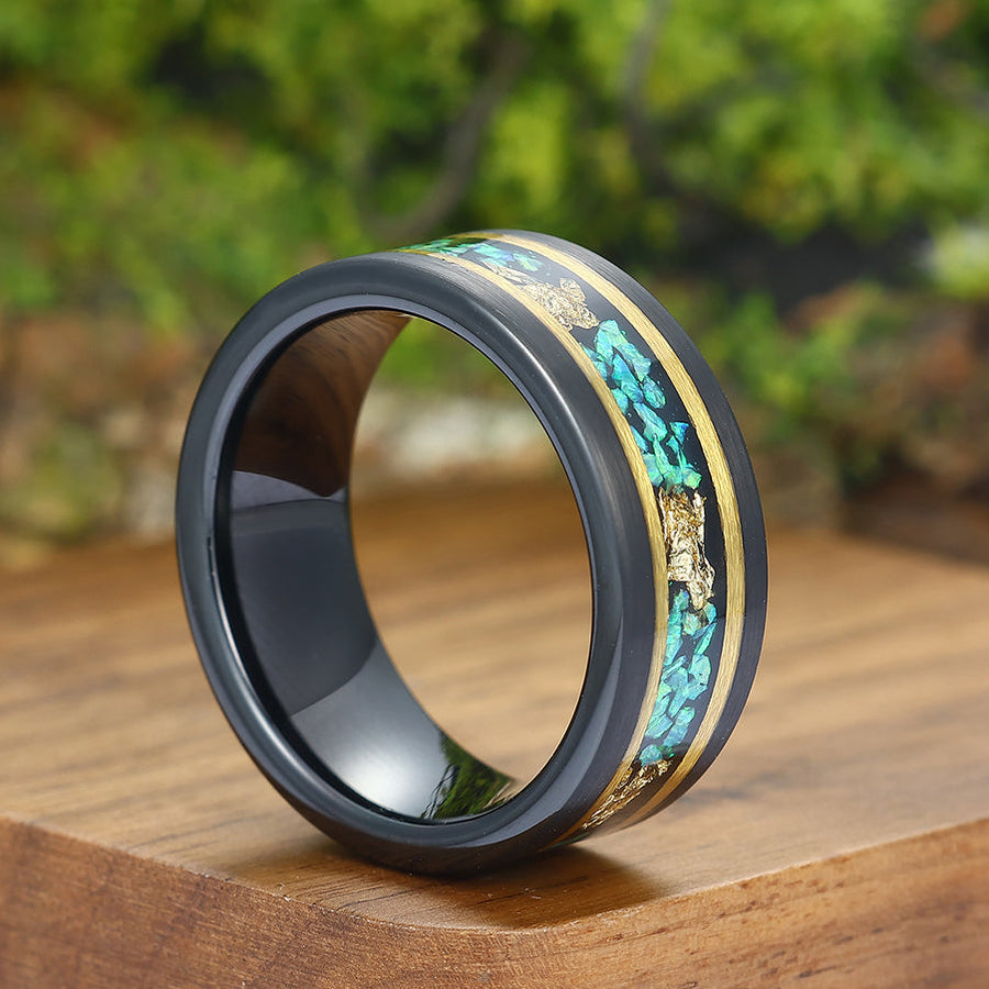 Unique Blue Green Opal Gold foil Ring Men’s Wedding Band 8mm Matte Black Tungsten Ring Men’s Anniversary Ring