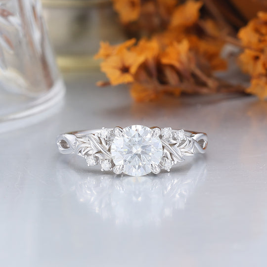 Leaf Branch 1CT Round Moissanite Engagement Ring Solid Gold Floral Bridal Anniversary Ring