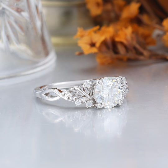 Leaf Branch 1CT Round Moissanite Engagement Ring Solid Gold Floral Bridal Anniversary Ring