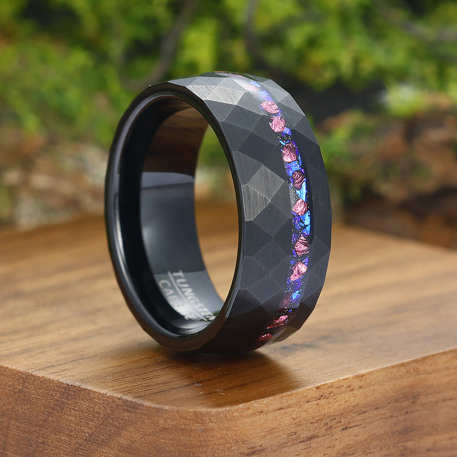 Rhombus Pressed Blue Purple Goldsand Tungsten Ring 8mm Men's Ring Birthday Gift