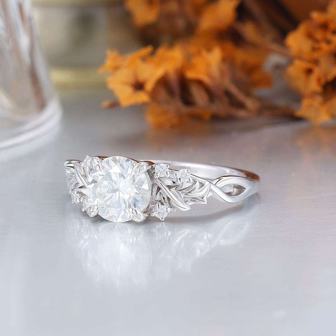 Leaf Branch 1CT Round Moissanite Engagement Ring Solid Gold Floral Bridal Anniversary Ring