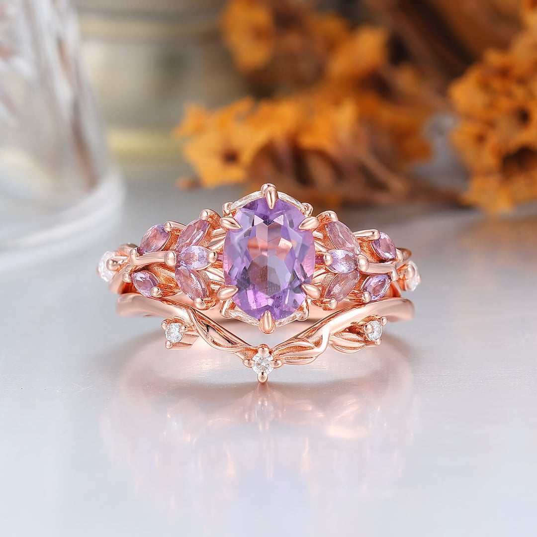 Ethereal 1.5CT Oval Amethyst Engagement Ring Set 2pcs Twig Design Marriage Ring Set For Her