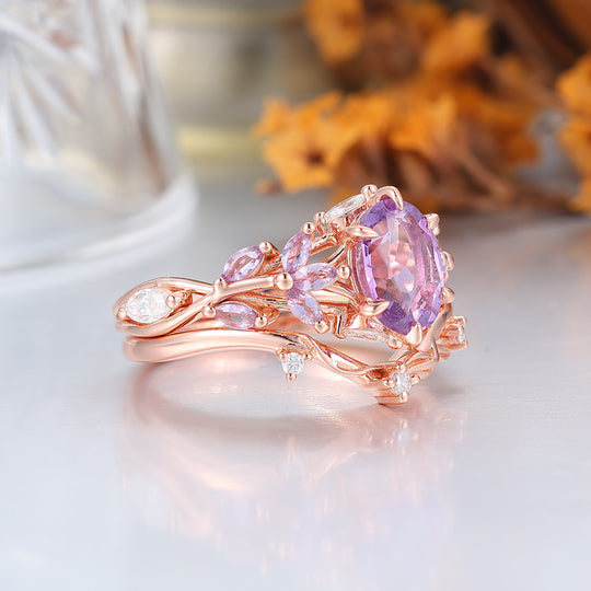 Ethereal 1.5CT Oval Amethyst Engagement Ring Set 2pcs Twig Design Marriage Ring Set For Her