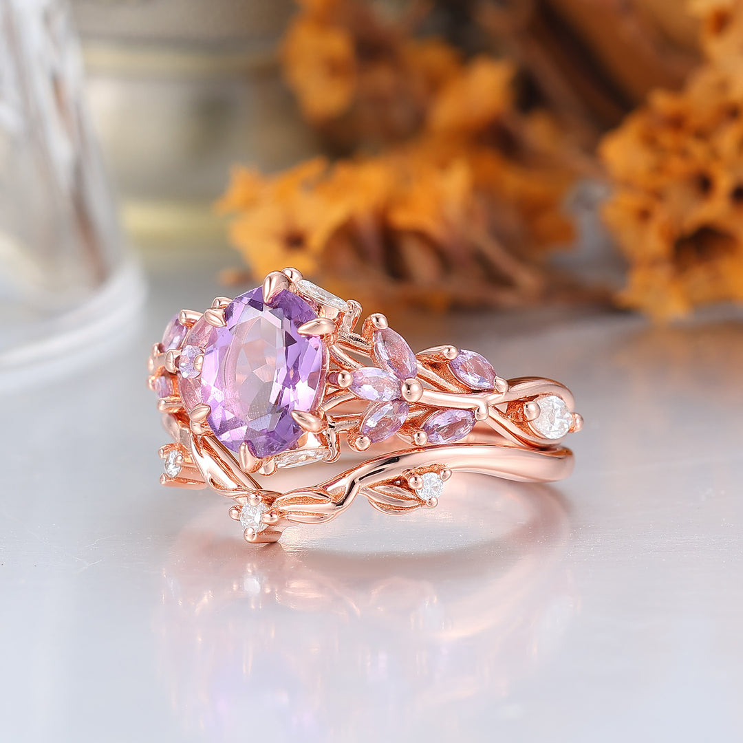 Ethereal 1.5CT Oval Amethyst Engagement Ring Set 2pcs Twig Design Marriage Ring Set For Her
