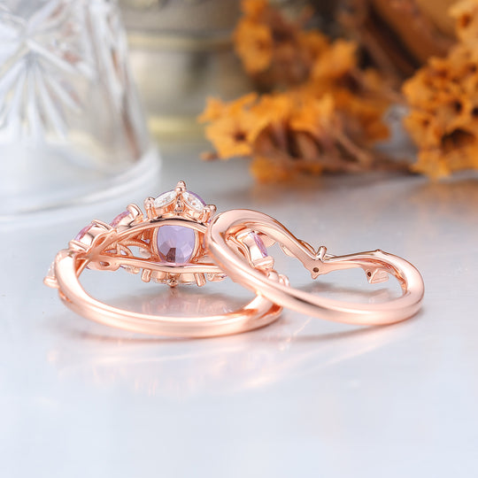 Ethereal 1.5CT Oval Amethyst Engagement Ring Set 2pcs Twig Design Marriage Ring Set For Her