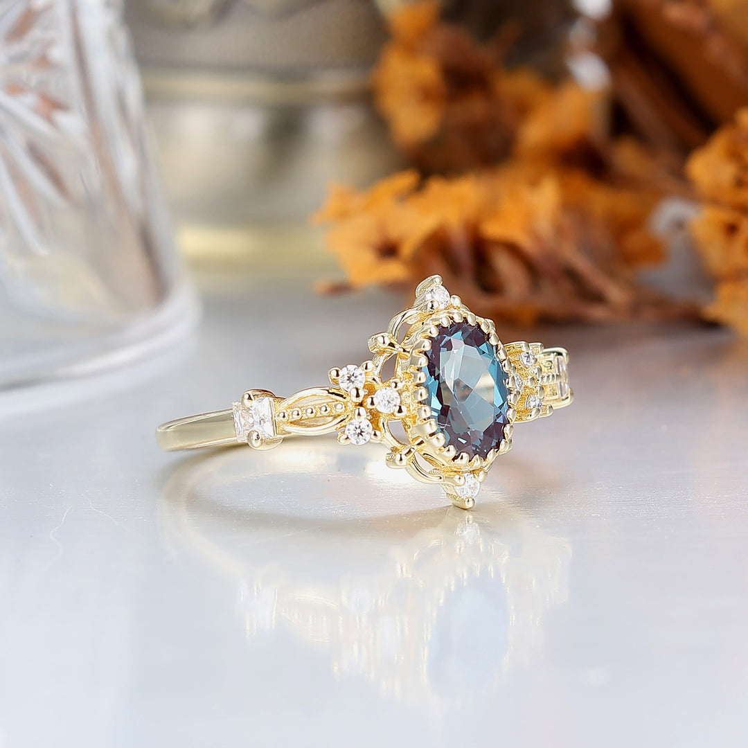 Antique Filigree Oval Cut Alexandrite Engagement Ring Prongs Anniversary Alexandrite Ring For Her