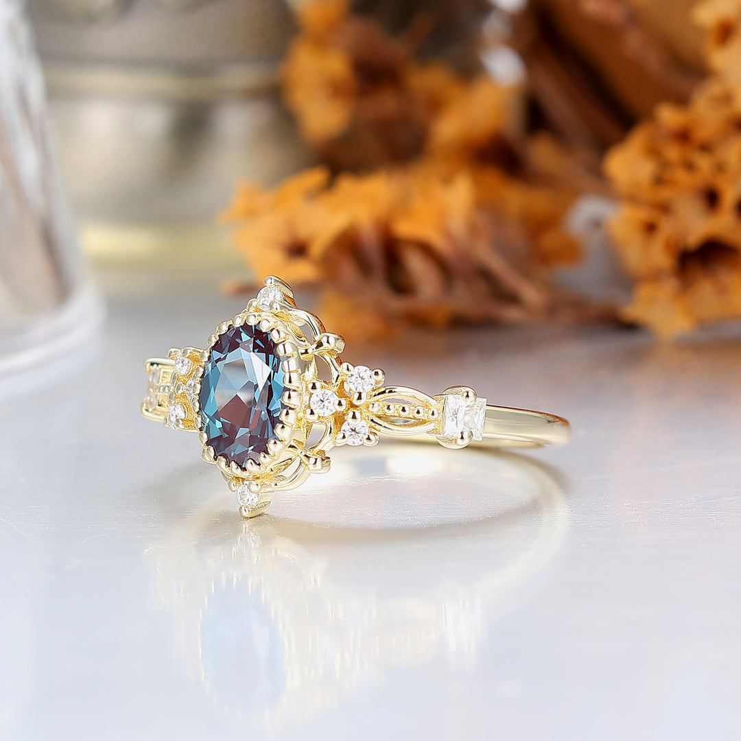 Antique Filigree Oval Cut Alexandrite Engagement Ring Prongs Anniversary Alexandrite Ring For Her