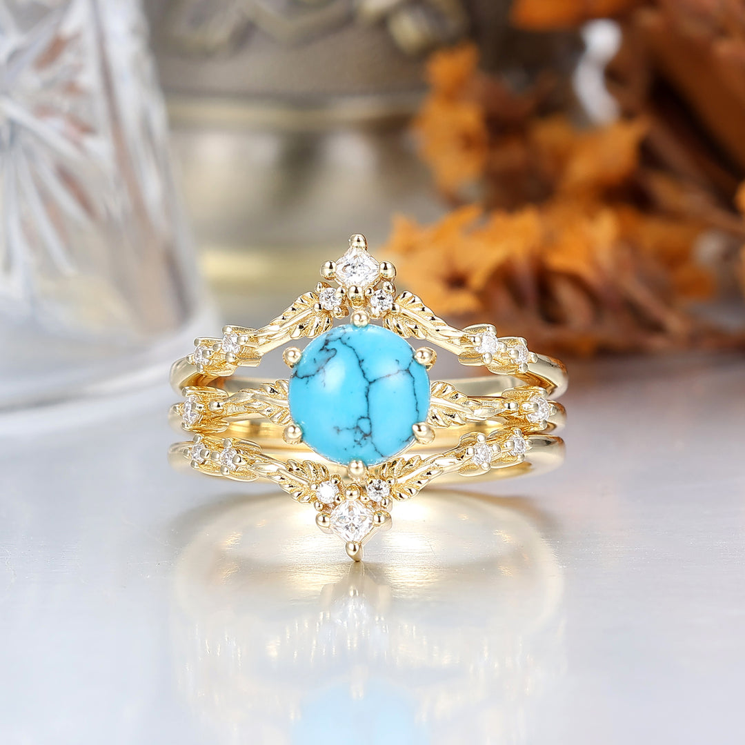 Fijn Bladontwerp Turquoise Bruiloft Jubileum Ringenset Antieke Ring Voor Dames