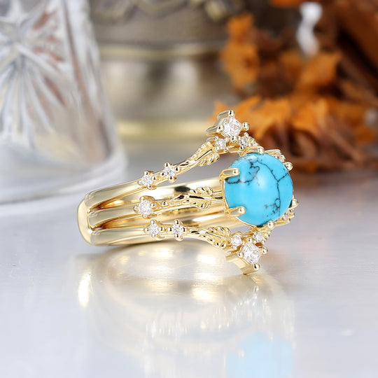 Fijn Bladontwerp Turquoise Bruiloft Jubileum Ringenset Antieke Ring Voor Dames
