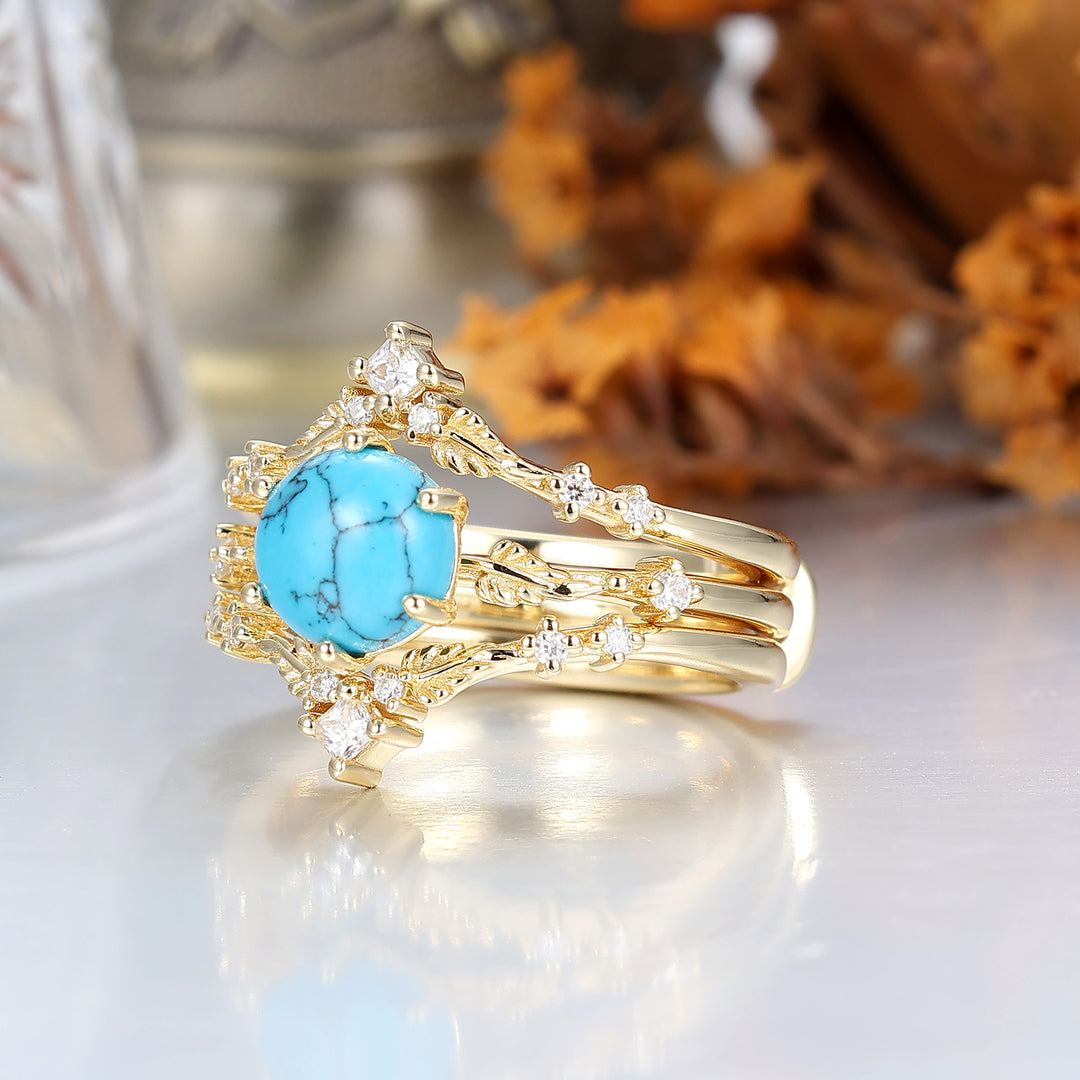 Fijn Bladontwerp Turquoise Bruiloft Jubileum Ringenset Antieke Ring Voor Dames