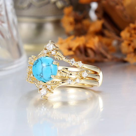 Fijn Bladontwerp Turquoise Bruiloft Jubileum Ringenset Antieke Ring Voor Dames
