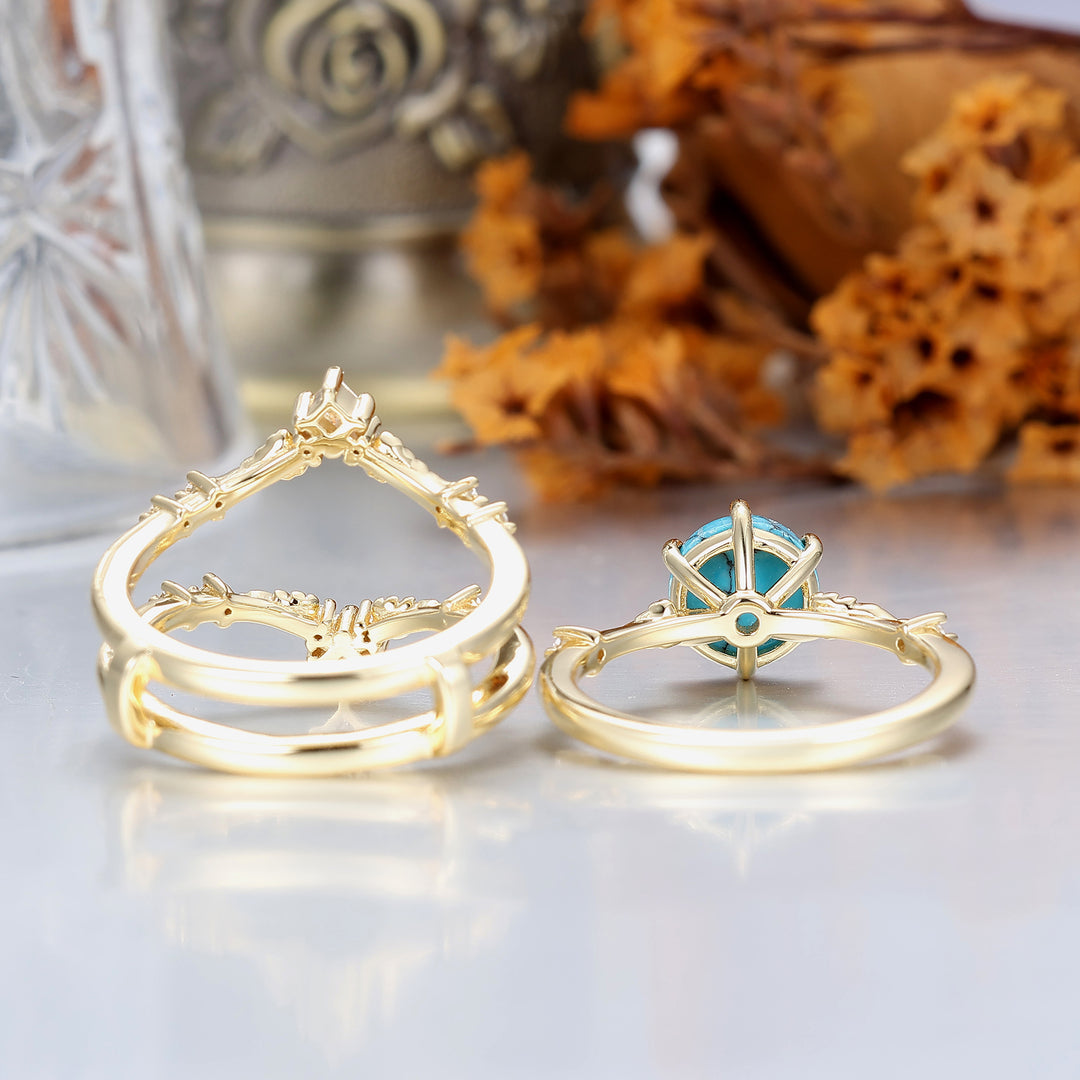 Fijn Bladontwerp Turquoise Bruiloft Jubileum Ringenset Antieke Ring Voor Dames