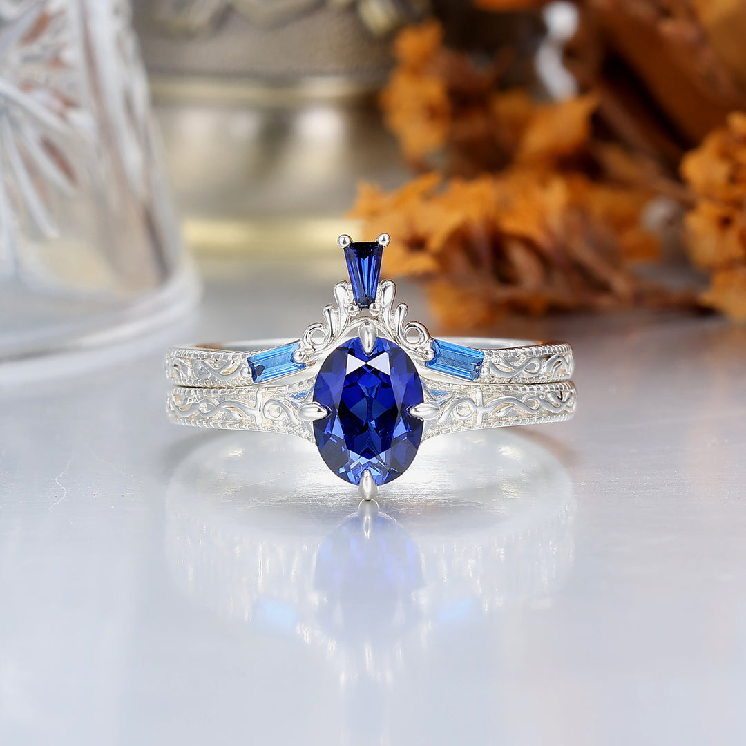 14k Oval Blue Sapphire Ring with Baguette Accents with Filigree Band Engagement Ring