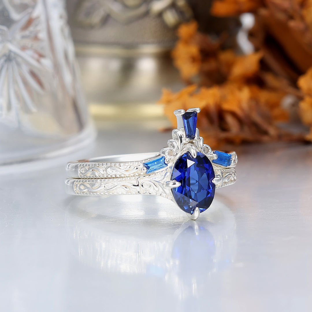 14k Oval Blue Sapphire Ring with Baguette Accents with Filigree Band Engagement Ring