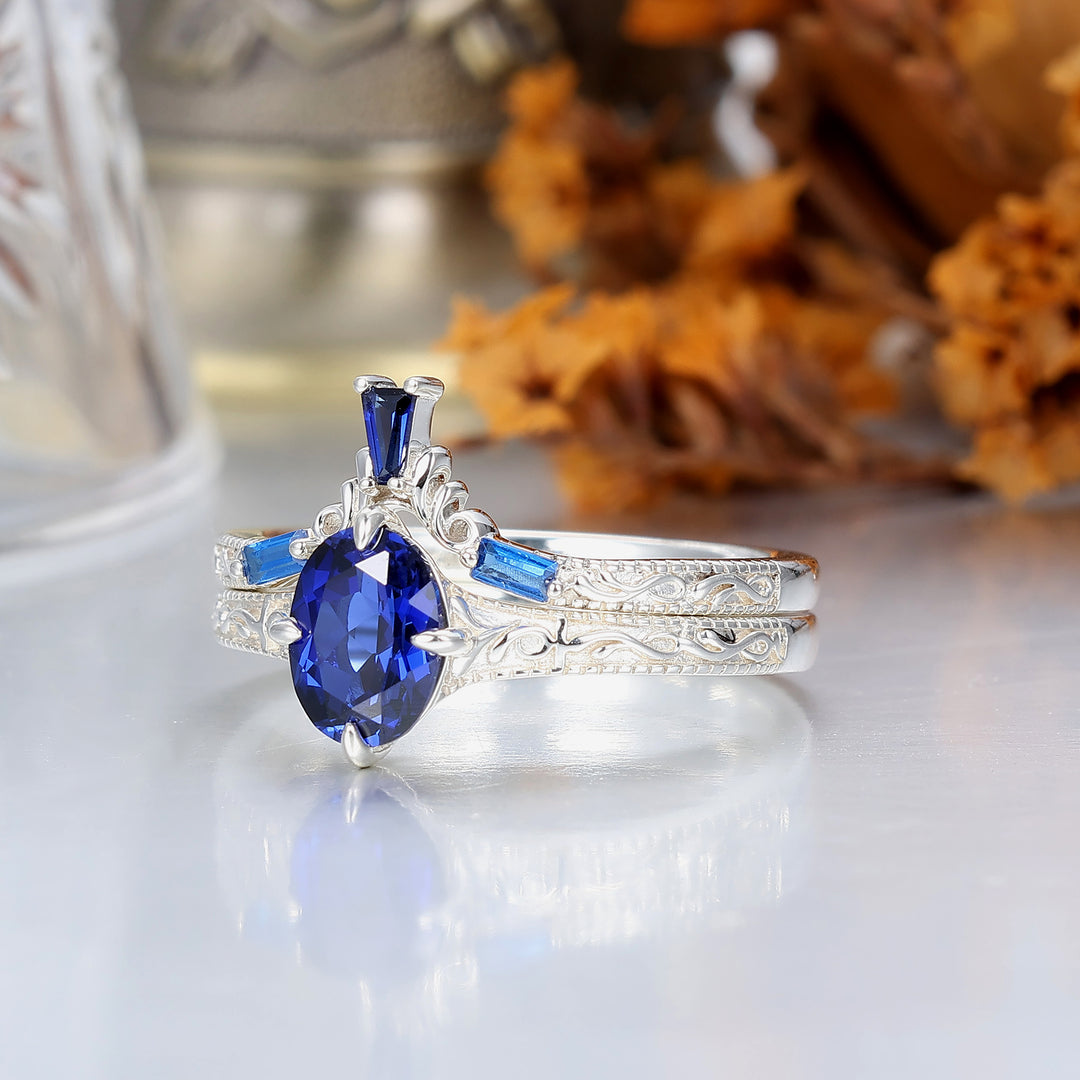 14k Oval Blue Sapphire Ring with Baguette Accents with Filigree Band Engagement Ring