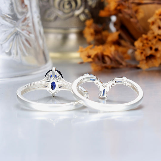 14k Oval Blue Sapphire Ring with Baguette Accents with Filigree Band Engagement Ring