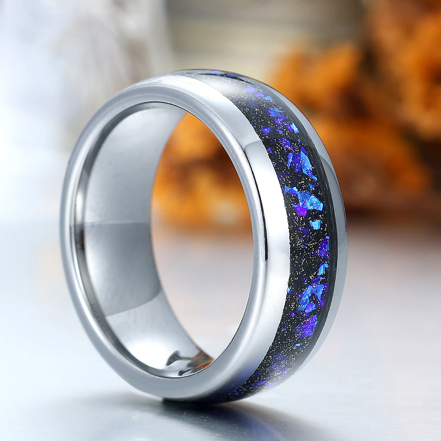 Orion Nebula Blue Sapphire Inlaid Men's Tungsten Carbide Wedding Band 4mm Polished Unsex Promise Ring
