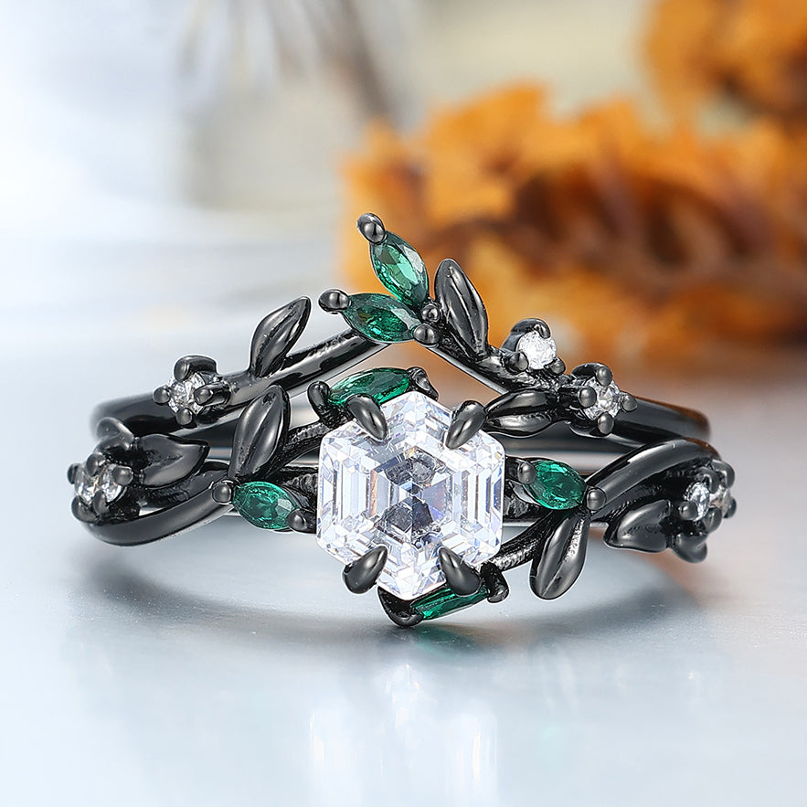 Exquisite Moissanite Sprig Engagement Ring Set Emerald Inlay Bridal Ring Set -  Esdomera.com