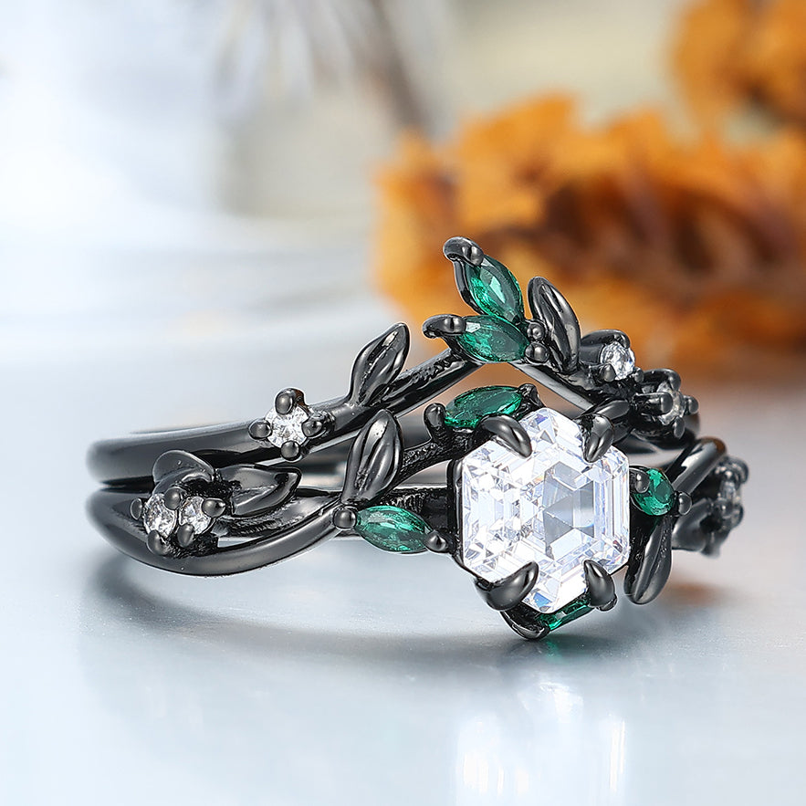 Exquisite Moissanite Sprig Engagement Ring Set Emerald Inlay Bridal Ring Set -  Esdomera.com